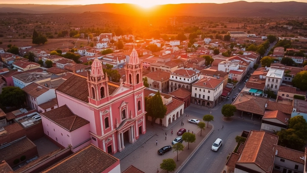 Aerial view of San Miguel de Allende's colonial architecture, pink church, cobblestone streets, and surrounding Mexican landscape at golden hour sunset