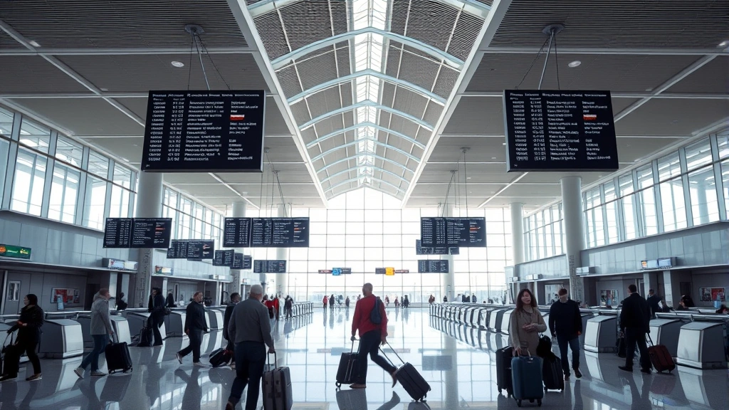 Modern airport terminal interior with flight information displays, travelers with luggage, boarding gates, and bright natural lighting from large windows