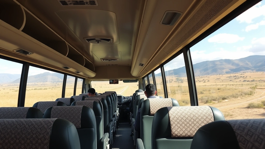 Comfortable long-distance bus interior with reclining seats, showing Mexican countryside landscape through windows, professional bus service ambiance