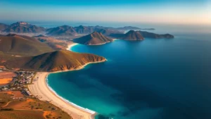 Aerial view of Santa Catalina Island coastline with white sandy beaches, turquoise water, and green hills, photographed from above during golden hour with clear skies