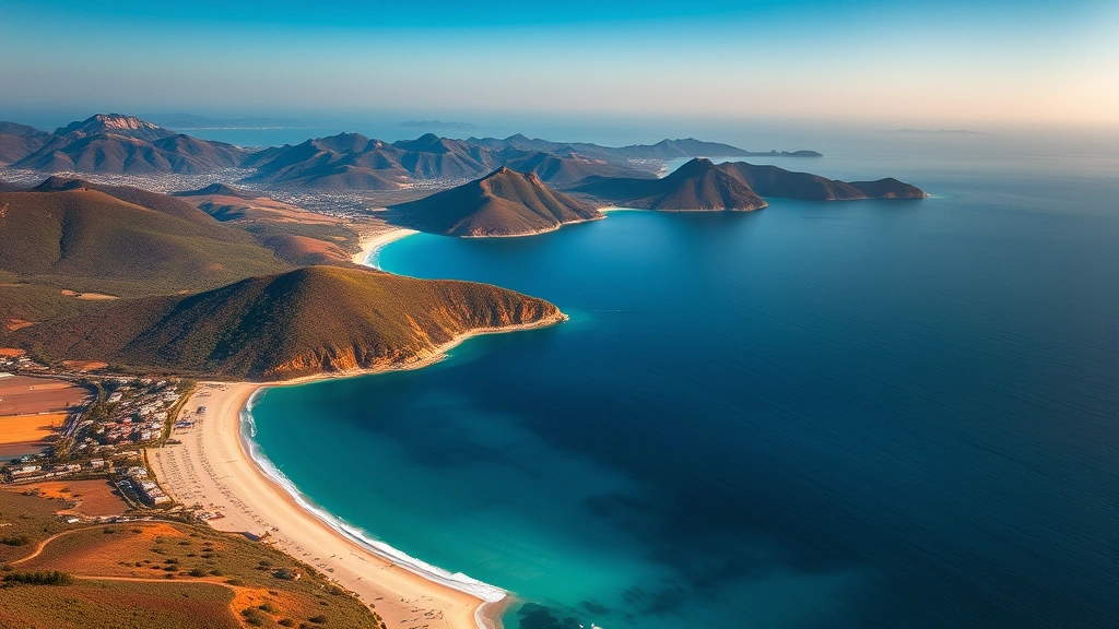 Aerial view of Santa Catalina Island coastline with white sandy beaches, turquoise water, and green hills, photographed from above during golden hour with clear skies