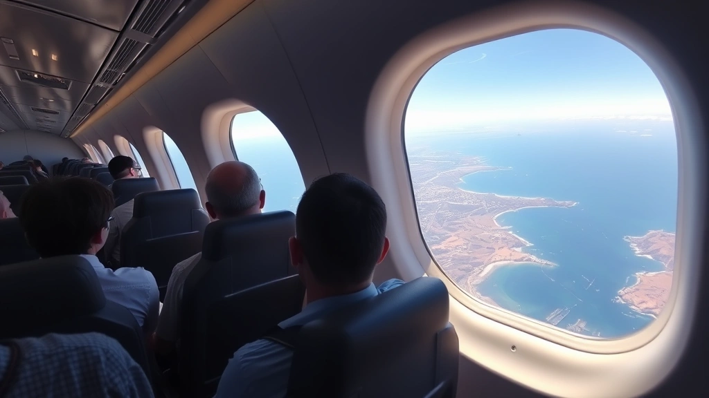Modern commercial airplane cabin interior with passengers seated by windows overlooking Southern California coast, showing ocean and distant islands below with bright sunlight