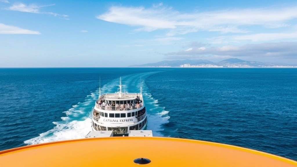 Catalina Express ferry boat departing from Long Beach Harbor with Santa Catalina Island visible in the distance across blue ocean water under partly cloudy sky