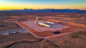 Aerial view of Santa Fe Regional Airport with surrounding desert landscape and mountains at sunset, dry climate vegetation visible