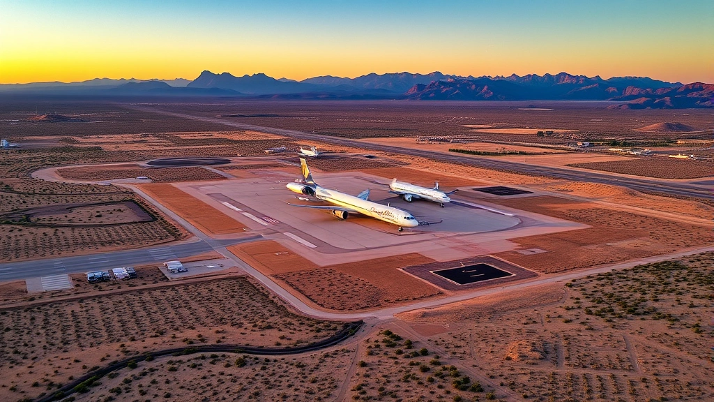 Aerial view of Santa Fe Regional Airport with surrounding desert landscape and mountains at sunset, dry climate vegetation visible