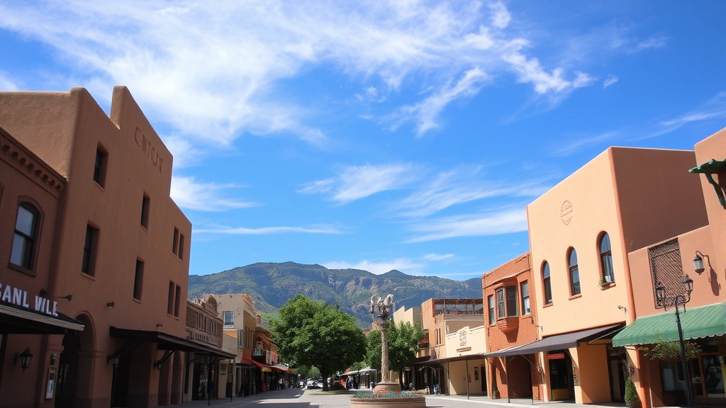 Santa Fe downtown plaza with distinctive adobe buildings and blue sky, street-level perspective showing architecture and landscape