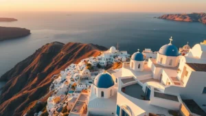 Aerial view of Santorini's white-washed buildings cascading down volcanic cliffs overlooking the Aegean Sea at golden hour, showing the iconic blue-domed churches and caldera views, realistic travel photography