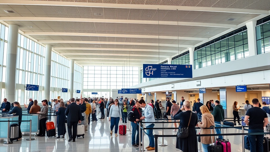 Athens International Airport departure hall with travelers checking in at counters, modern airport architecture with natural lighting, busy but organized terminal environment, authentic travel scene