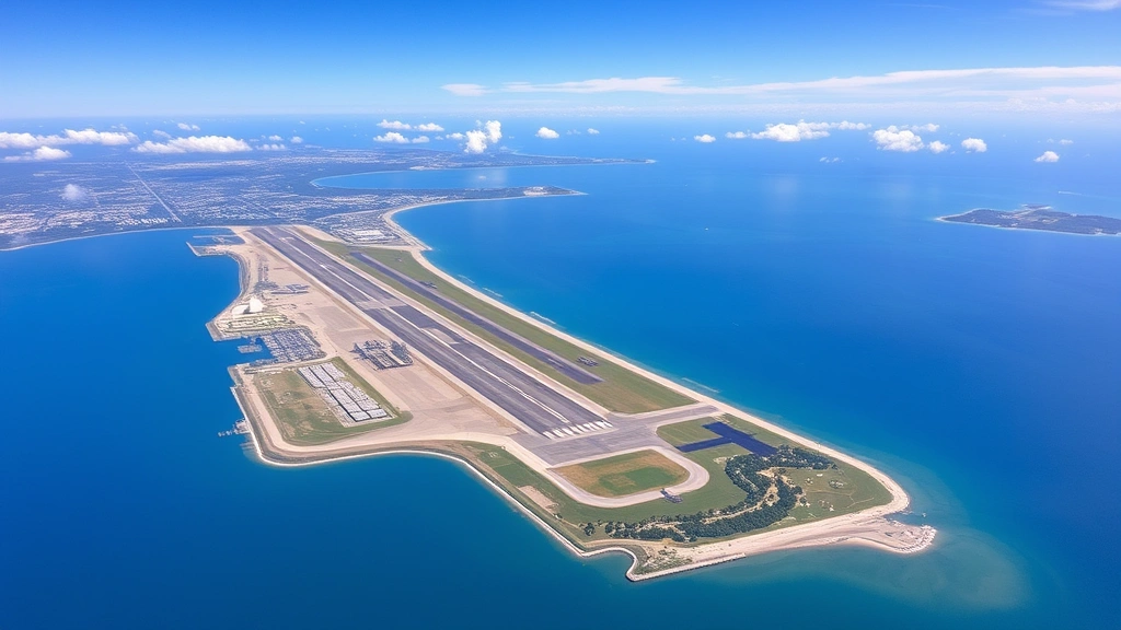 Aerial view of Sarasota-Bradenton International Airport with runways, aircraft, and surrounding coastal landscape under blue sky