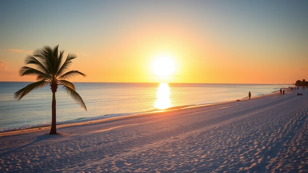 Sarasota beach at golden hour sunset showing pristine white sand, palm trees, calm Gulf of Mexico waters, and beachgoers