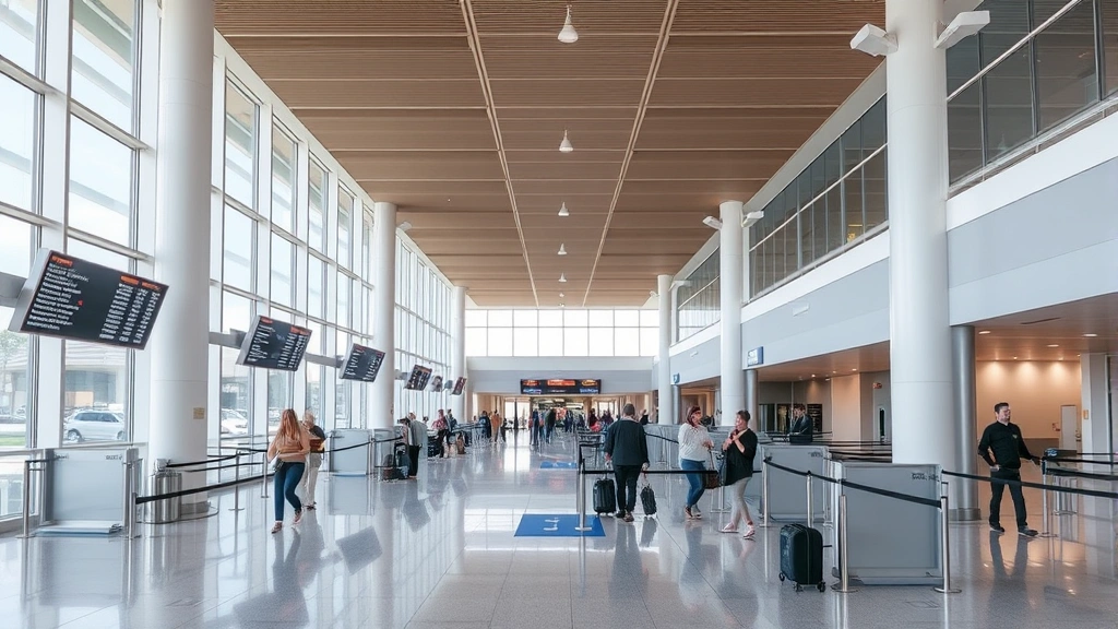 Modern Sarasota-Bradenton airport departure hall interior with travelers checking in, flight information displays, and contemporary architecture