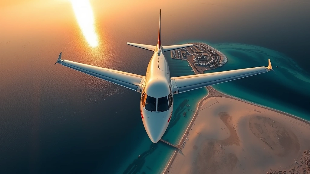 Aerial view of a modern aircraft approaching Sardinia's Costa Smeralda Airport over turquoise Mediterranean waters and white sandy beaches, golden hour lighting, photorealistic