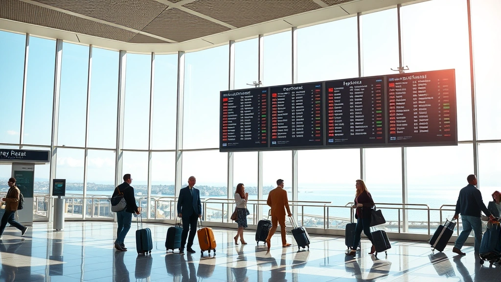 Modern airport terminal interior showing departure boards and travelers with luggage, bright natural light from large windows, Mediterranean coastal views in background, photorealistic