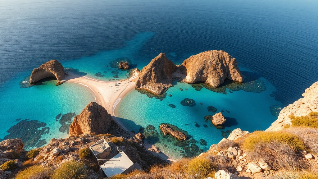 Scenic coastal landscape of Sardinia showing pristine beaches, crystal-clear turquoise water, and rocky formations from an elevated perspective, golden sunset light, photorealistic