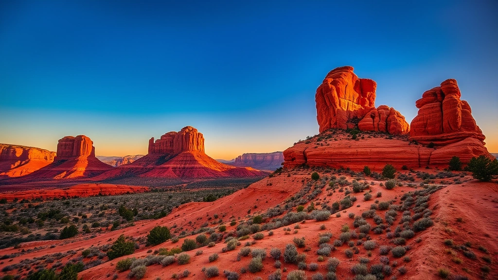 Aerial view of Sedona red rock formations with desert landscape at sunset, warm golden hour lighting, showing distinctive Cathedral Rock and Bell Rock formations, vibrant orange and crimson colors, clear blue sky