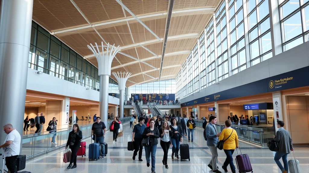 Phoenix Sky Harbor International Airport modern terminal interior with travelers, contemporary architecture, natural lighting, boarding areas visible, diverse passengers with luggage