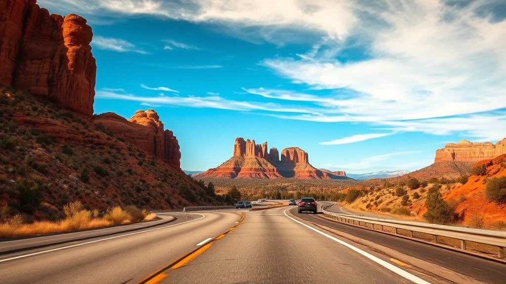Scenic Arizona highway driving toward Sedona red rocks, winding road through desert landscape, clear visibility of iconic rock formations in distance, golden afternoon light, minimal traffic, journey perspective