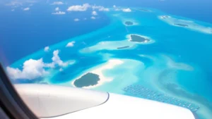 Aerial view of turquoise Seychelles waters with pristine white sand beaches and tropical islands, viewed from airplane window during flight descent