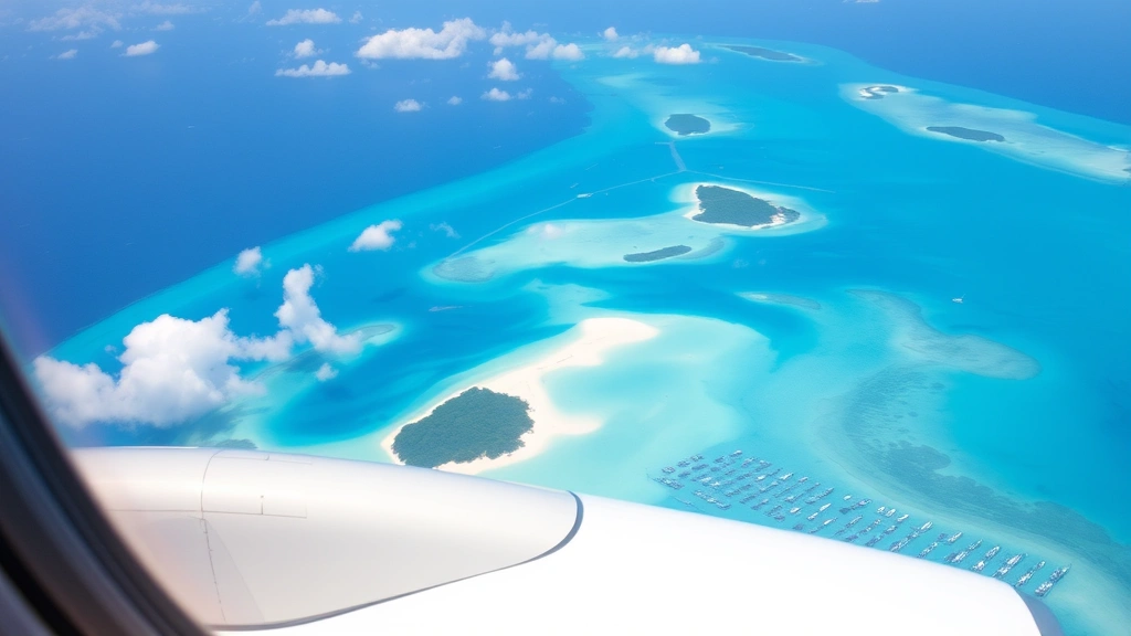 Aerial view of turquoise Seychelles waters with pristine white sand beaches and tropical islands, viewed from airplane window during flight descent