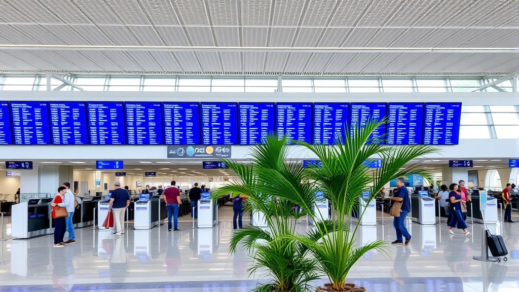 Modern airport terminal interior with international travelers checking in at service desks, flight information displays, and tropical palm plants