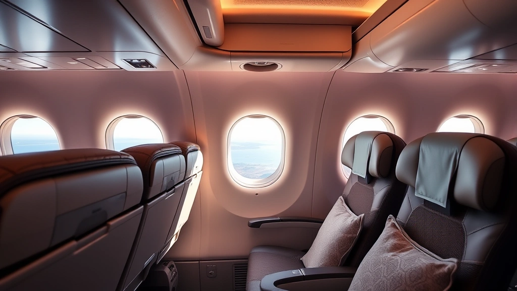 Luxury airline cabin interior showing comfortable seats, overhead compartments, and window view of African landscape during long-haul flight to island destination