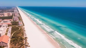 Aerial view of South Padre Island beach with turquoise water, white sand, and beachfront resorts, sunny day with clear blue sky, high-altitude perspective showing coastline