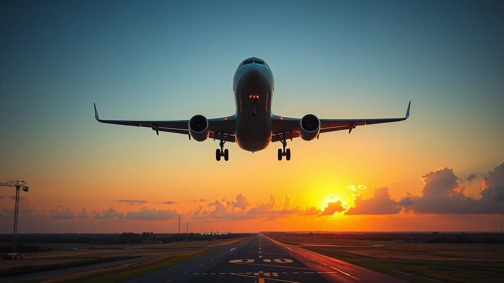 Commercial airplane descending toward Brownsville airport with South Texas landscape below, golden hour lighting, wheels down position, approaching runway