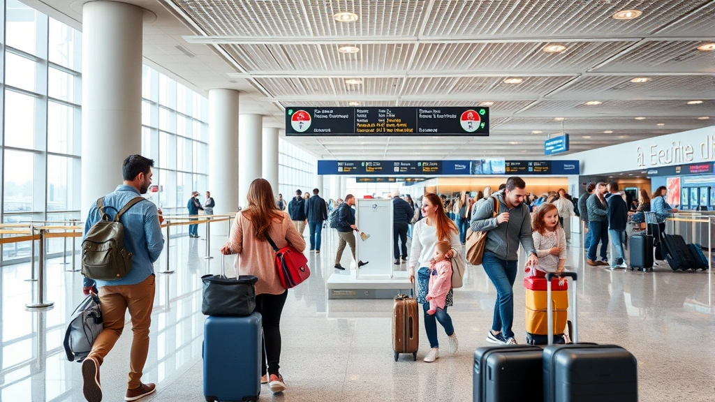 Travelers at airport terminal gate area with families and luggage, check-in counter visible in background, modern airport architecture, diverse group of people preparing for departure