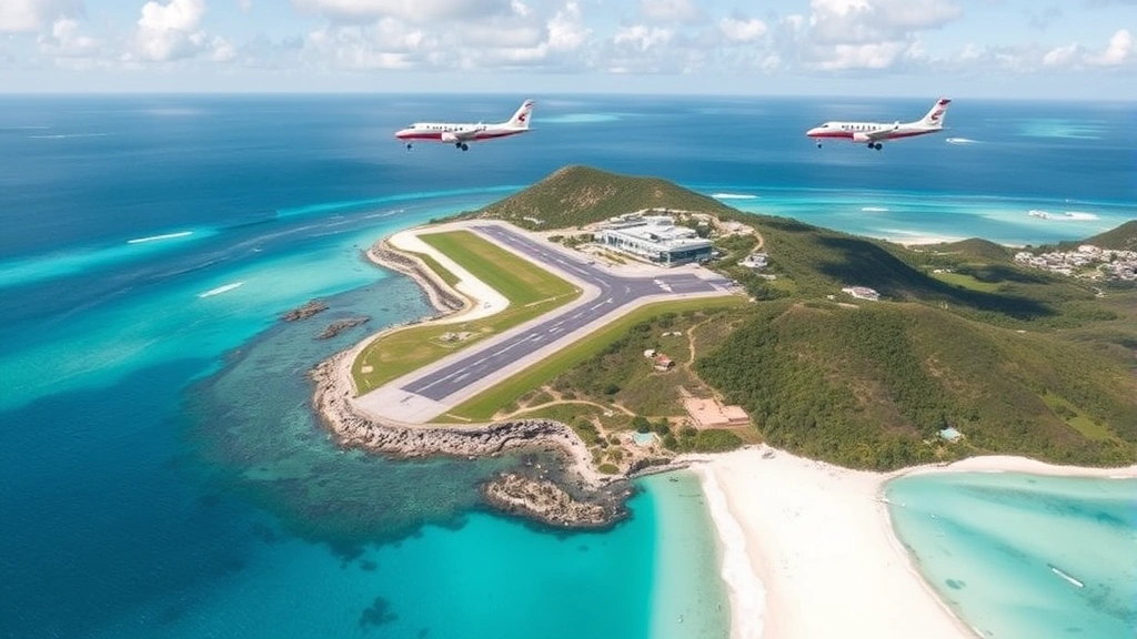 Aerial view of Gustave III Airport on St. Barts hillside overlooking turquoise Caribbean waters and white sand beaches below, small regional aircraft on runway