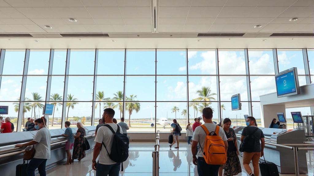 San Juan airport departure hall with travelers checking in at airline counters, Caribbean palm trees visible through windows, modern airport architecture