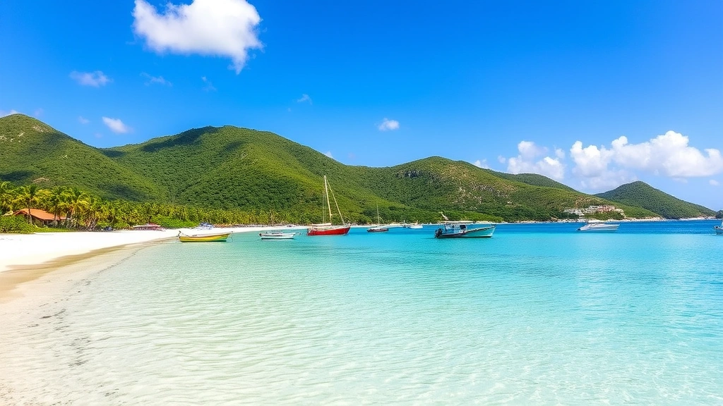 Tropical beach scene on St. Barts with pristine white sand, crystal clear turquoise water, colorful fishing boats anchored offshore, lush green hillsides in background