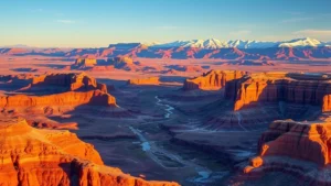 Aerial view of St. George Utah red rock desert landscape with snow-capped mountains in distance, golden hour sunlight, aerial photography style