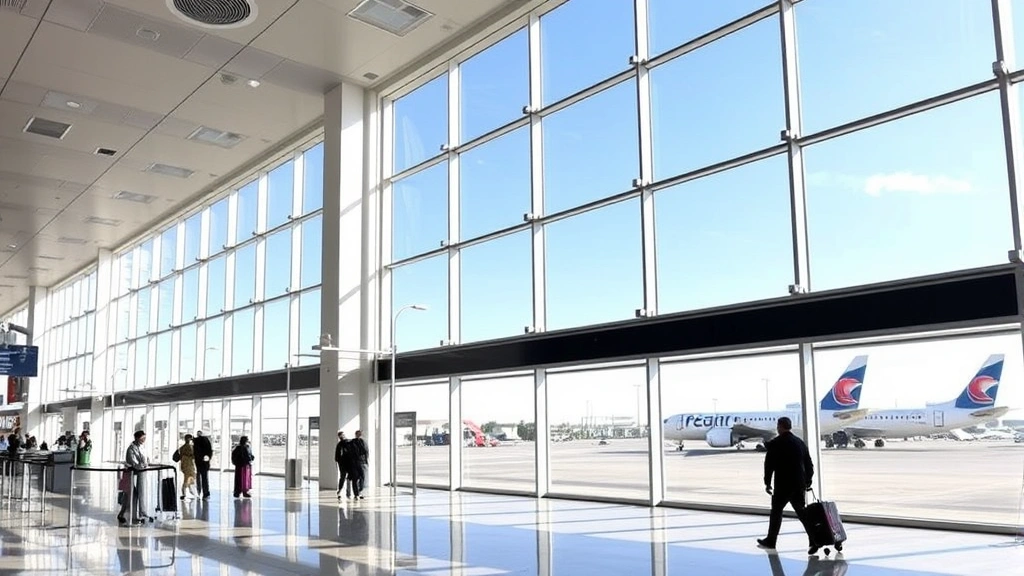 St. George Regional Airport terminal interior with modern architecture, airplane visible through windows, travelers walking through gate area, natural daylight