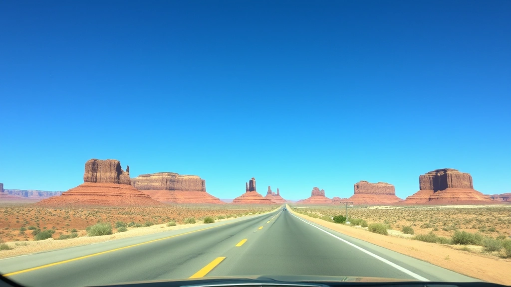 Scenic desert highway approaching St. George with red rock formations, clear blue sky, travel road trip perspective, vehicle dashboard view