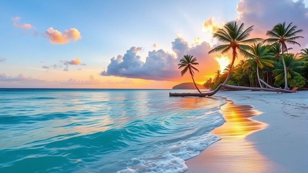 Turquoise Caribbean ocean meeting white sand beach with palm trees, St Maarten tropical coastline at sunset with golden light reflecting on water