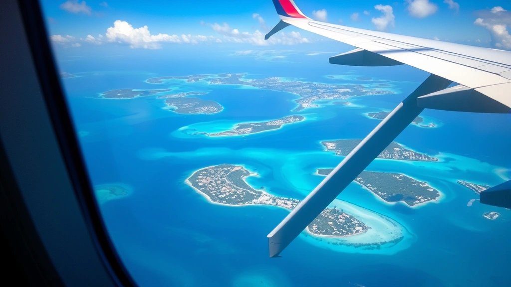 Modern aircraft wing over Caribbean islands and turquoise waters, aerial view of St Maarten from airplane window during approach to Princess Juliana International Airport