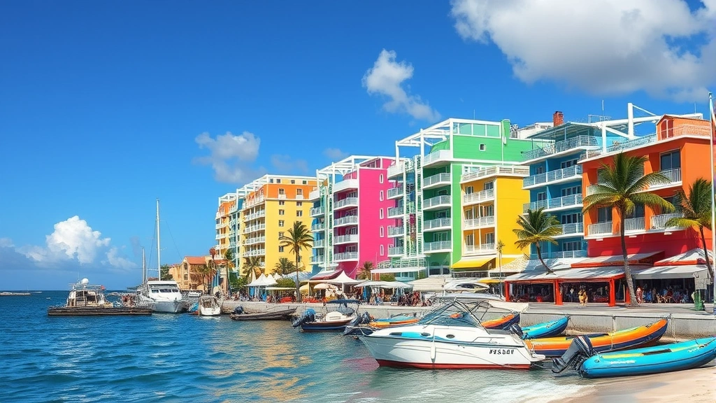 Colorful beachfront resort buildings with ocean view, St Maarten waterfront with boats and vibrant Caribbean architecture during daytime