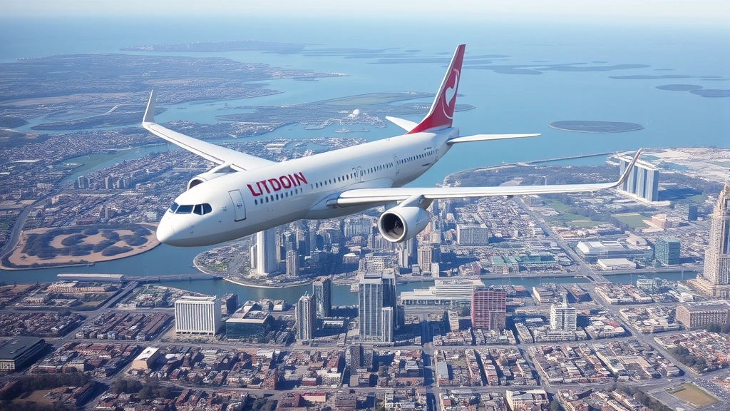 Aerial view of modern commercial aircraft in flight over coastal landscape with Philadelphia skyline visible below, bright daylight, professional aviation photography, no text or signage