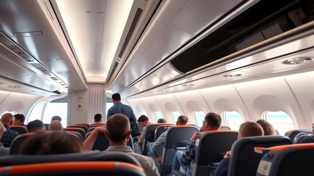 Interior cabin view of economy class seating on commercial jet with passengers boarding, modern aircraft interior, natural lighting from windows, tropical destination visible outside, no visible text or branding