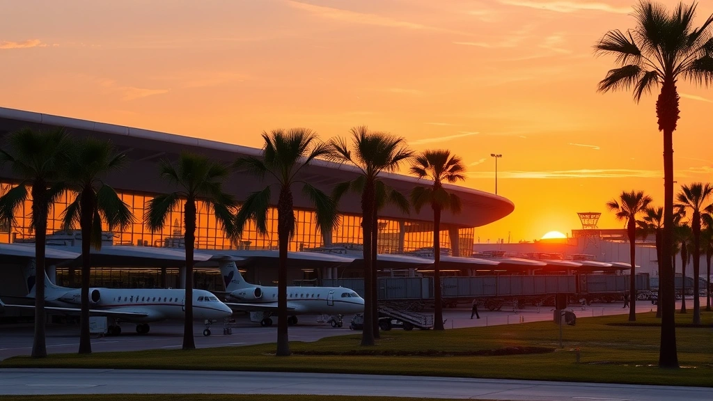 Tampa International Airport terminal exterior at sunset with palm trees, modern architecture, aircraft parked at gates, golden hour lighting, Florida landscape, no signage or identifying text visible