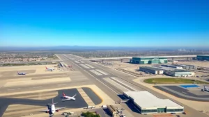 Aerial view of San Diego International Airport with aircraft taxiing, clear blue sky, modern terminal buildings visible, Mexican border landscape in background, realistic daytime photography