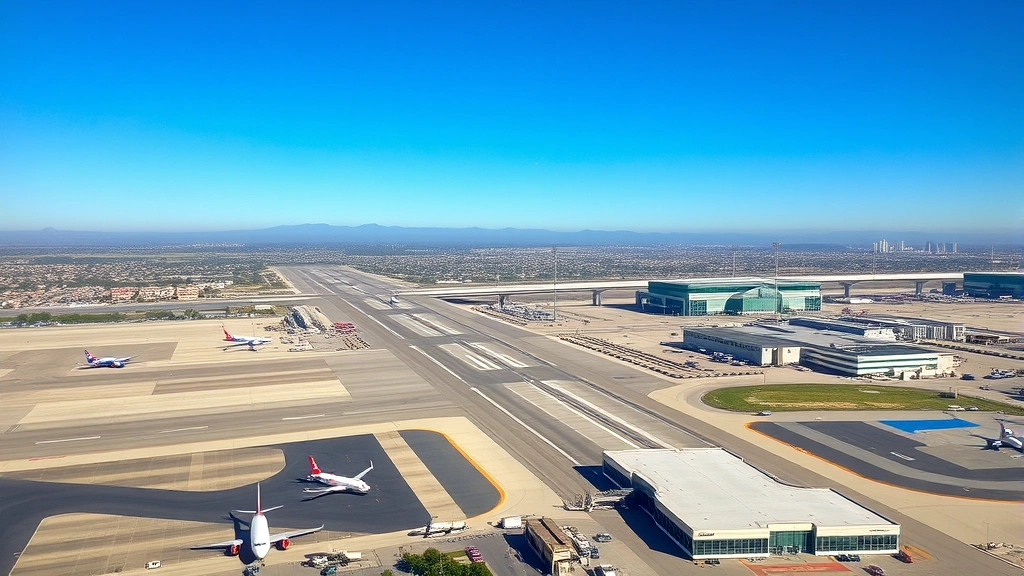 Aerial view of San Diego International Airport with aircraft taxiing, clear blue sky, modern terminal buildings visible, Mexican border landscape in background, realistic daytime photography