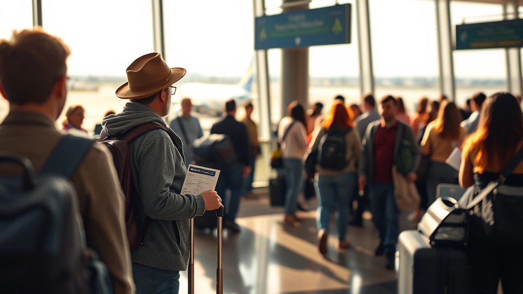 Traveler at airport gate with luggage, boarding pass in hand, window showing aircraft on tarmac, diverse crowd of passengers, warm natural lighting, candid travel moment