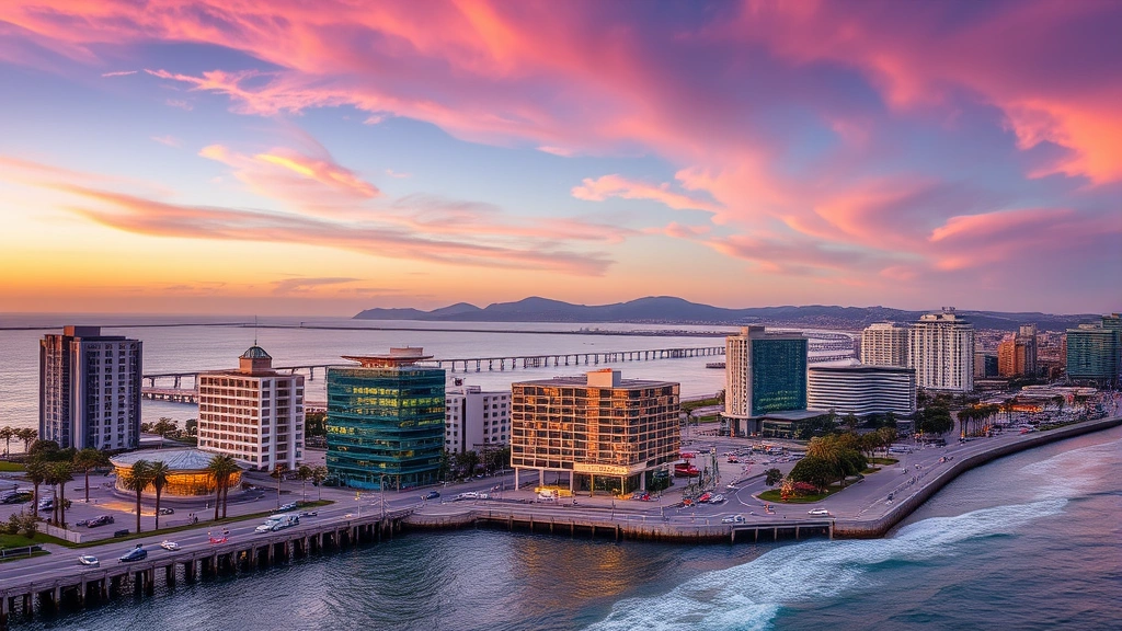 Tijuana waterfront cityscape at sunset with modern buildings, Pacific Ocean coast, palm trees, vibrant urban landscape, golden hour lighting, realistic travel destination photography