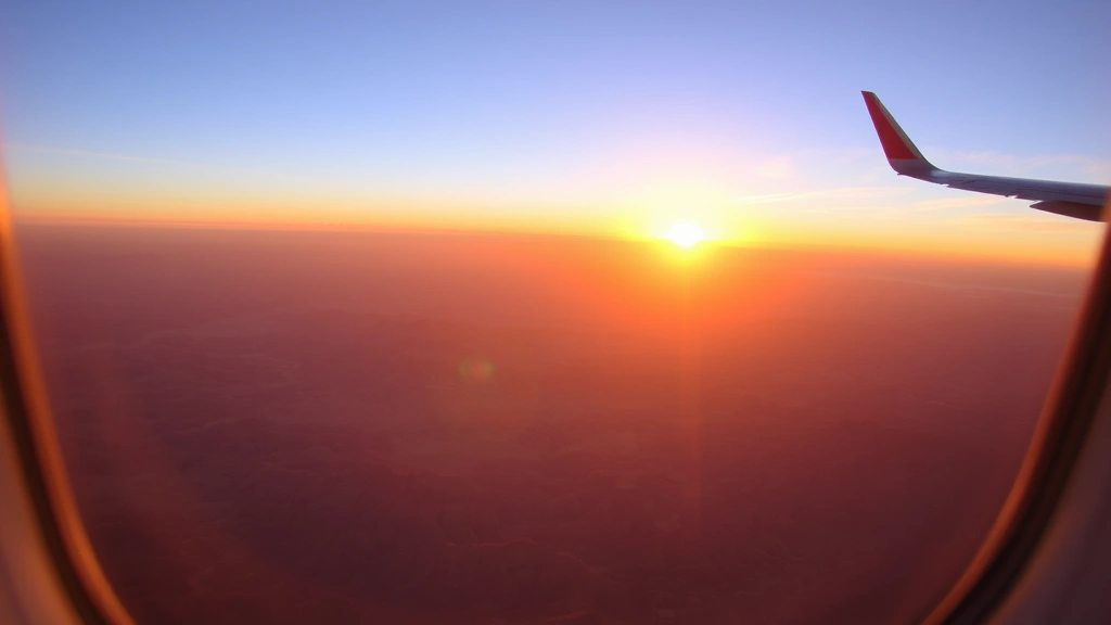 Desert sunset view from airplane window over Arizona landscape with warm golden light reflecting off mountains and canyons below