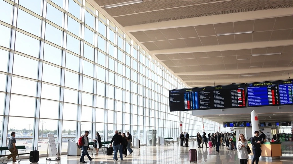 Tucson International Airport modern terminal interior with departure boards, travelers at check-in counters, and natural light from large windows