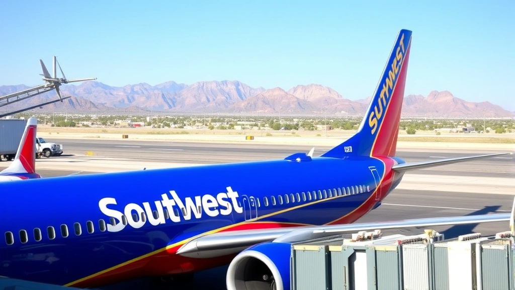 Southwest Airlines Boeing 737 aircraft parked at Tucson airport gate with desert mountains visible in background and clear blue sky