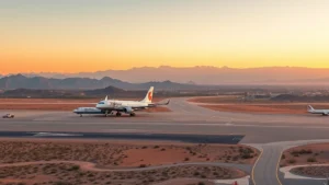 Aerial view of Tucson International Airport (TUS) with desert landscape, aircraft on tarmac, mountains in background, golden hour lighting, photorealistic