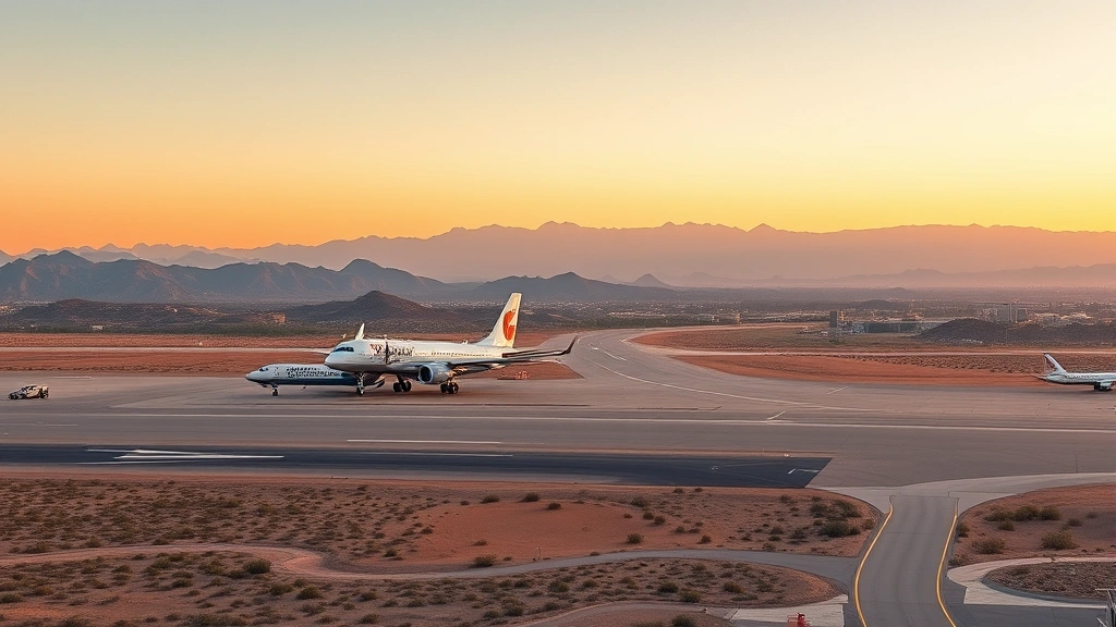 Aerial view of Tucson International Airport (TUS) with desert landscape, aircraft on tarmac, mountains in background, golden hour lighting, photorealistic
