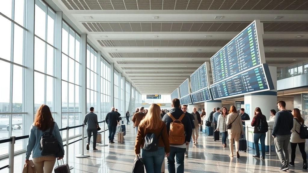 Modern airport terminal interior with travelers checking in, departure boards showing flight information, natural lighting, busy but organized scene, photorealistic